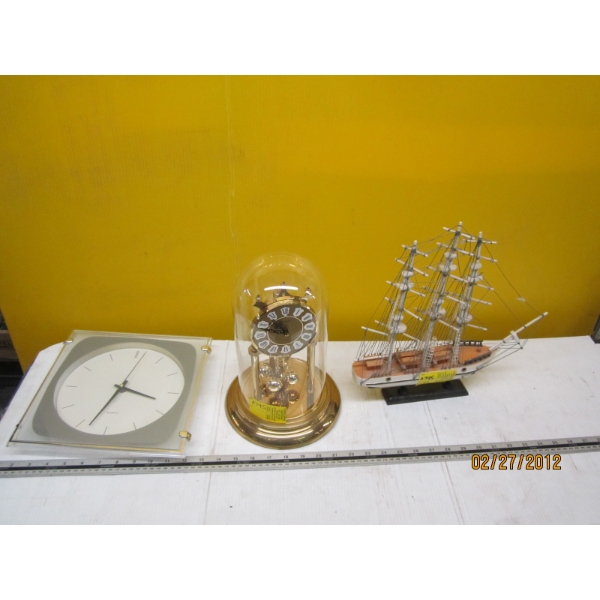 WOODEN SAIL SHIP & 2 CLOCKS