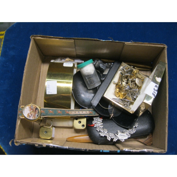 MISC. JEWELLERY, GLASSES, CARVED ASHTRAY, CUFFLINKS, ETC.