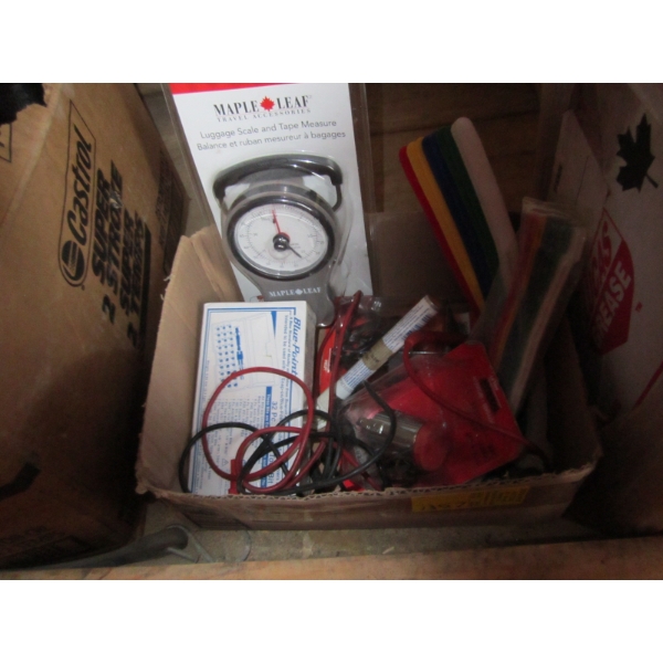 SM. BOX OF MISC. BLUEPOINT 32 PIECE BIT SET, LUGGAGE SCALE, ETC.