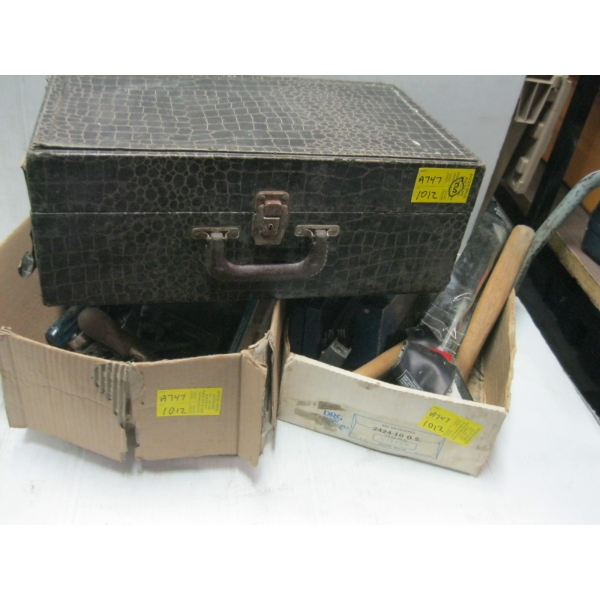 3 CONTAINERS OF MISC. TOOLS, HAMMERS, SANDPAPER, ETC.
