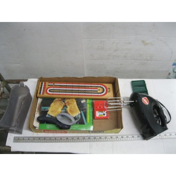 CRIB BOARD, HAND MIXER, OPENER, ETC.