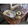 Image 2 : DECORATIVE CHROME WHEELBARROW W/SHOVEL & FORK, CANDLE WARMER & 3 TIN PLANTERS