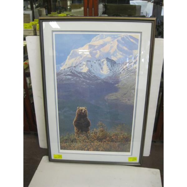 FRAMED NUMBERED PRINT BY SEERY LESTER, 597/950, STANDING GRIZZLY