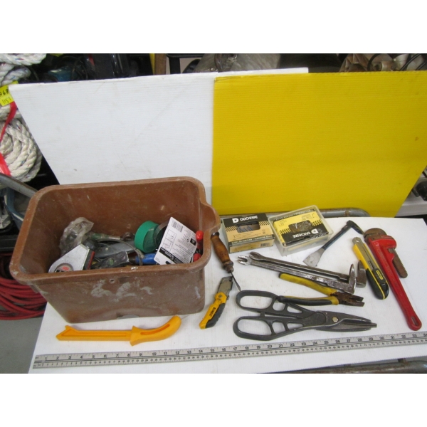 BROWN BIN OF MISC. TOOLS, NAILS, ETC.