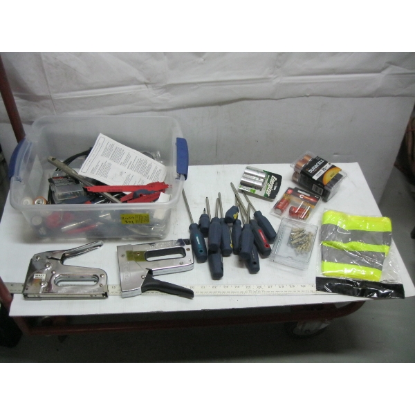 BOX OF MISC. TOOLS, BATTERIES, STAPLE GUNS, ETC.