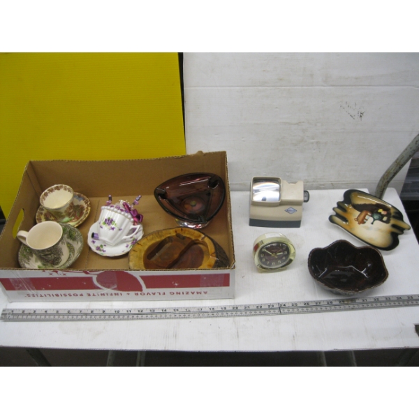 MISC. SLIDE VIEWER, TEACUPS, CLOCK, ETC.