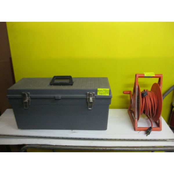 GREY TOOLBOX & AN ORANGE EXTENSION CORD W/ROLLER