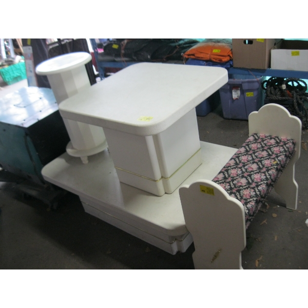 COFFEE TABLE, END TABLE, PADDED BENCH & WHITE PEDESTAL