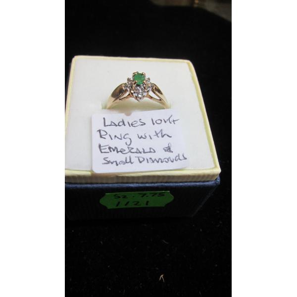 LADIES 10KT RING W/EMERALD & SMALL DIAMONDS, SZ 7.75
