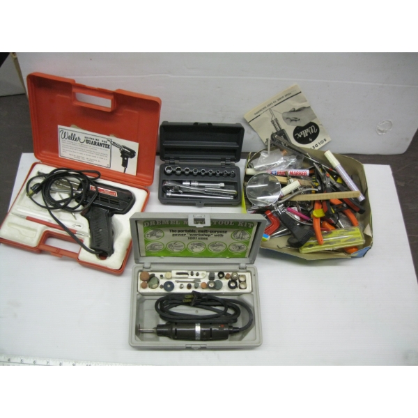 MISC. 1/4" SOCKET SET, DREMEL TOOL, SOLDERING GUN, ETC.