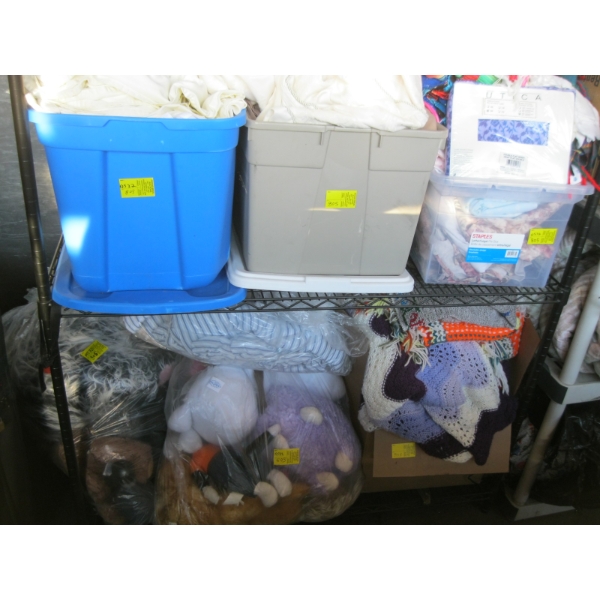 3 BINS, BOX & ASST. BAGS OF MISC. BEDDING, BLANKETS, STUFFED ANIMALS, ETC.