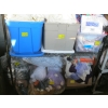 Image 1 : 3 BINS, BOX & ASST. BAGS OF MISC. BEDDING, BLANKETS, STUFFED ANIMALS, ETC.