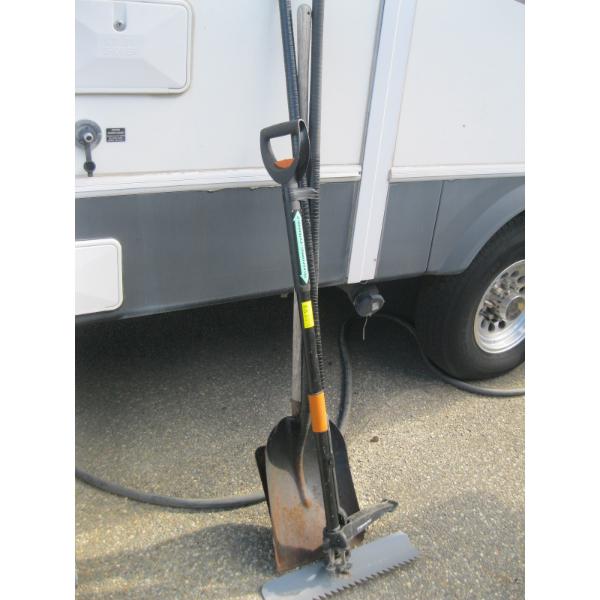 BUNDLE OF GARDEN TOOLS:  WEEDER, RAKE, SHOVELS