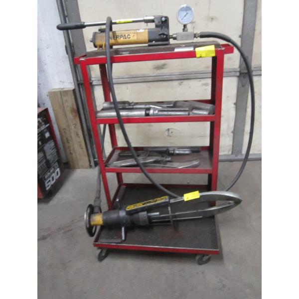 ENERPAC HANDPUMP HYDRAULIC PUMP W/POSSI LOCK HYDRAULIC PULLER & CART W/MISC. ACCESS.
