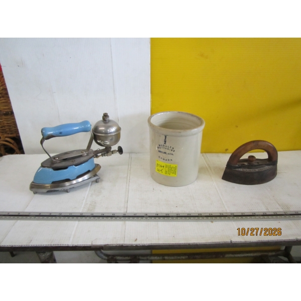 COLEMAN GAS SAD IRON, CROCKER JUG & ANOTHER SAD IRON
