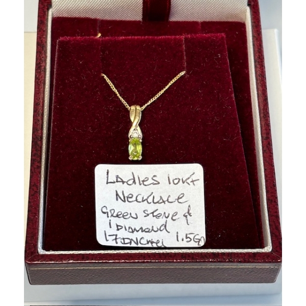 LADIES 10KT NECKLACE W/GREEN STONE & DIAMOND, 1.5GR