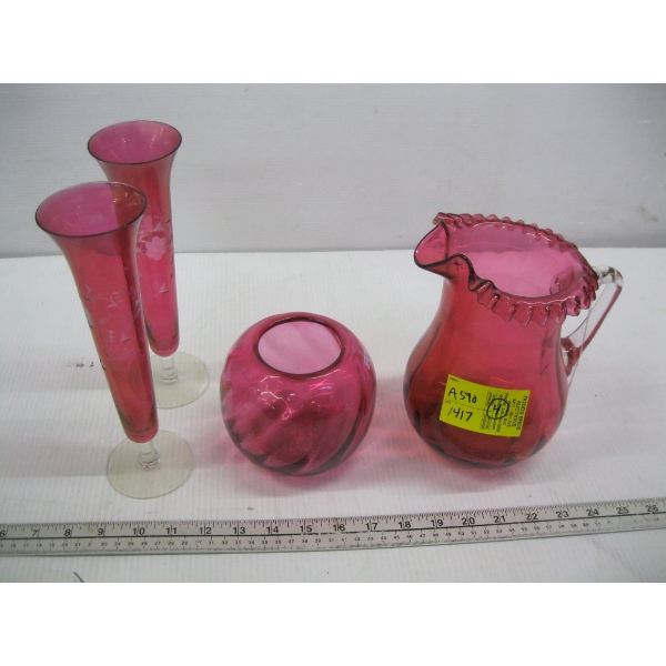 4 PIECES OF CRANBERRY GLASS - WATER PITCHER, VASES, ETC.