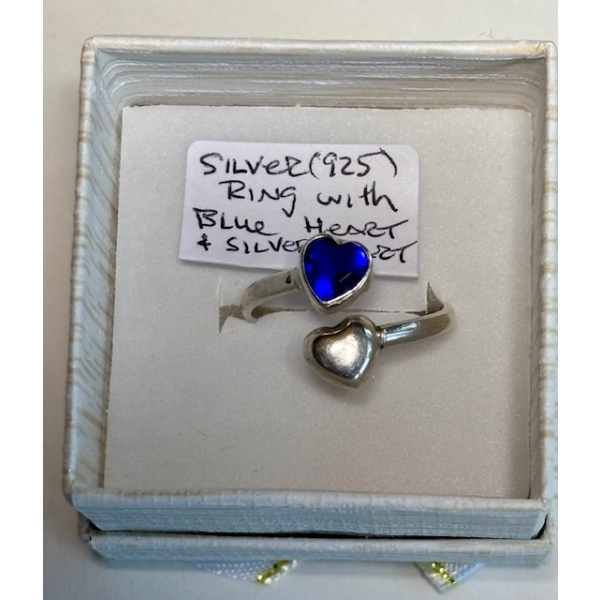 SILVER RING W/BLUE HEART & SILVER HEART, SZ 8 3/4
