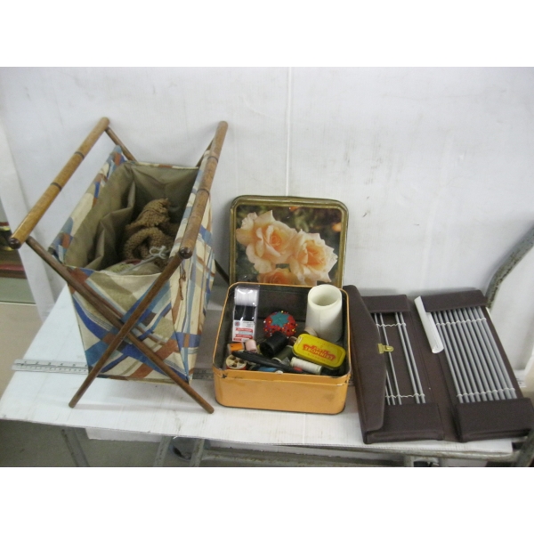 MISC. FOLDING KNITTING BAG & NEEDLES & A METAL TIN W/SEWING NOTIONS