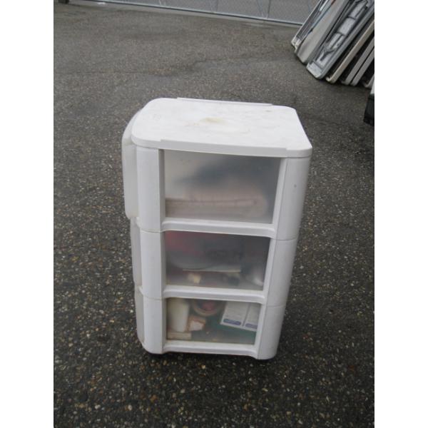 PLASTIC STORAGE BIN W/MISC. CONTENTS: SHEETS, ENGRAVER, WATER BOTTLES, SHOESHINE ITEMS, ETC.