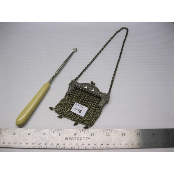 SM. CHAINMAIL PURSE & VINTAGE BUTTON HOOK