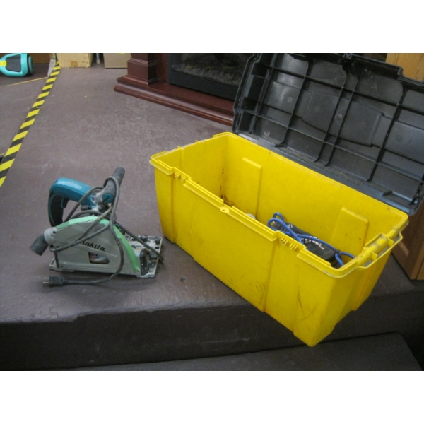 BLACK & YELLOW TOOLBOX W/ROPE & MAKITA CIRCULAR SAW