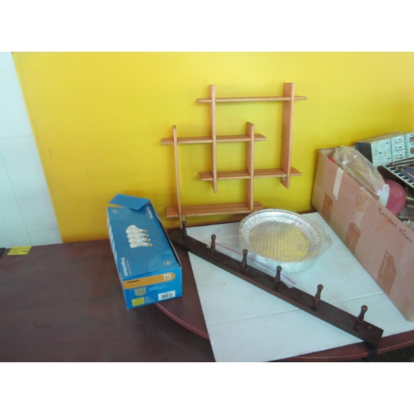 BOX OF MISC. - SERVING TRAYS, SHELF UNIT, TIN TRAYS, ETC.