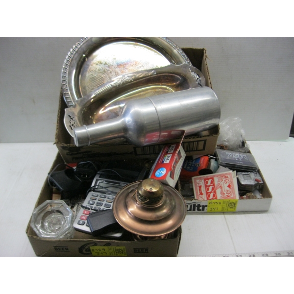 3 BOXES OF MISC. SILVERPLATE, ELECTRONICS, MEASURING TAPES, ETC.