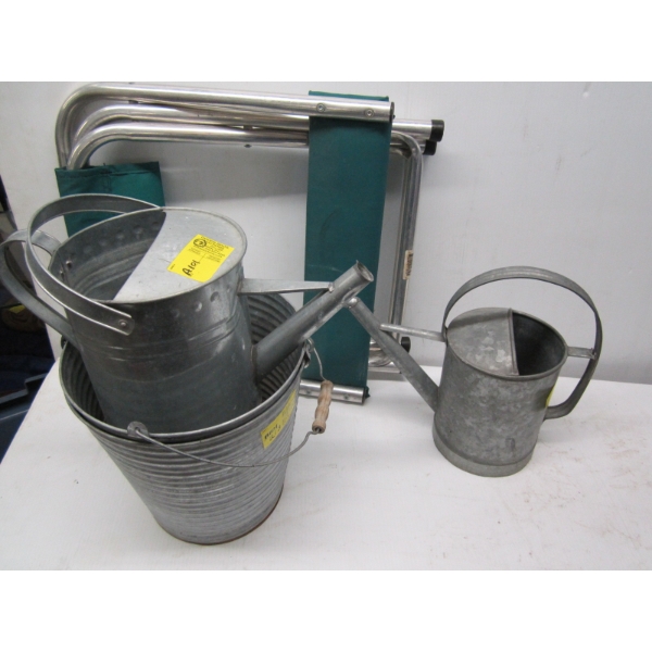 FOLDING CAMP CHAIR, METAL PAILS & METAL WATERERS