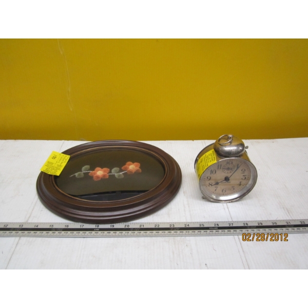MOOSE HAIR TUFTING OVAL PICTURE & A VINTAGE TIN CAN CLOCK
