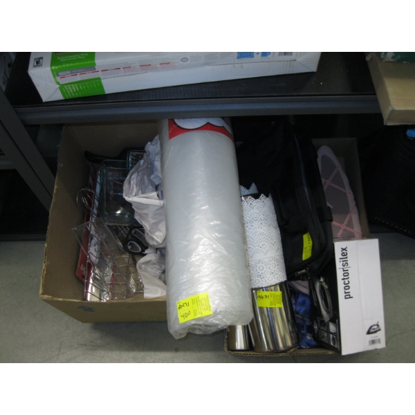 2 BOXES MISC. NEW ITEMS: IRON, HAIR DRYER, BOWLS, UTENSILS, ETC.