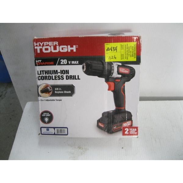HYPERTOUGH 20V CORDLESS DRILL W/BATTERY & CHARGER
