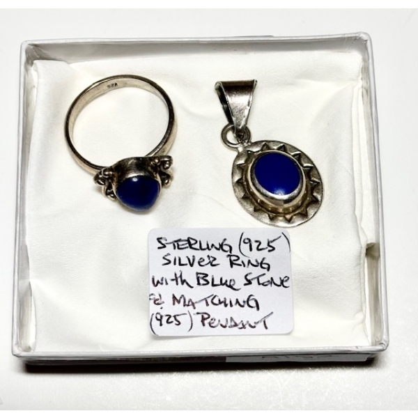 STERLING SILVER RING W/BLUE STONE & MATCHING PENDANT, SZ 8 1/2