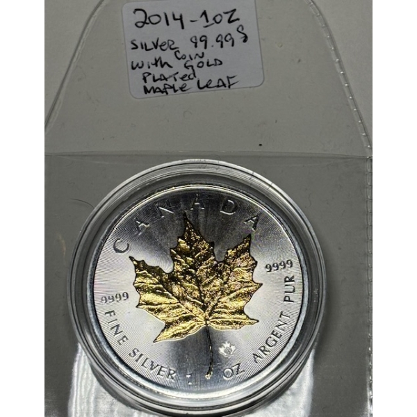 2014 1 OZ .999 SILVER W/GOLD PLATED MAPLE LEAF $5 COIN (TAX EXEMPT)
