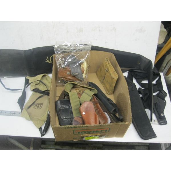 BOX W/ASST. GUN CASE, HOLSTER, LEATHER POUCHES, ETC.
