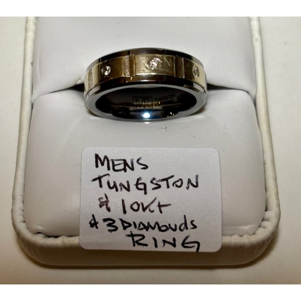 MEN'S TUNGSTEN 10KT RING W/3 DIAMONDS - SZ 8