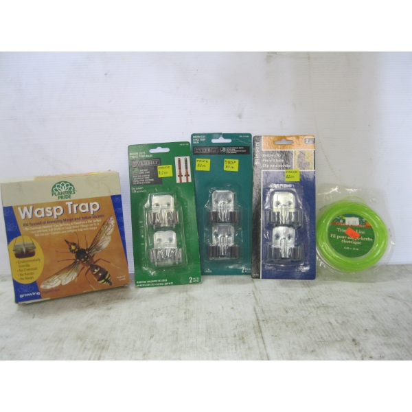 SM. BOX OF WASP TRAP, WEED WHACKER TWINE, BROOM CLIP HOLDERS