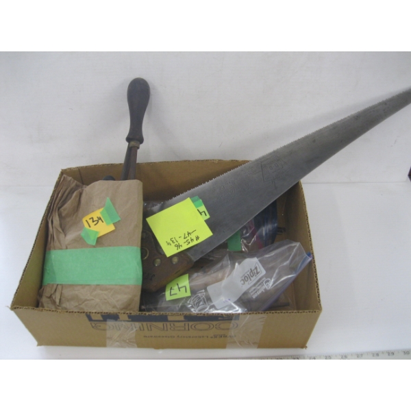 LG. LOT OF VINTAGE HAND TOOLS - CHISELS, HAND SAW, ETC. & A CAST IRON PAN
