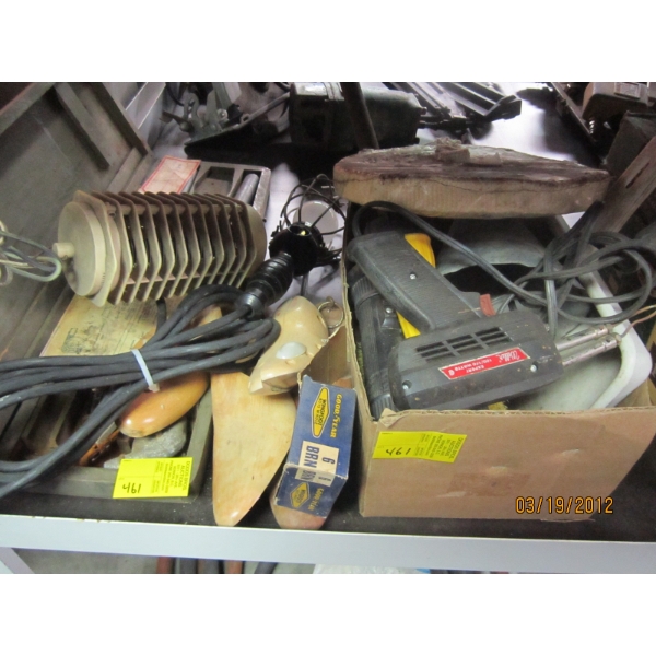 MISC. SOLDERING GUN, SHOE STRETCHERS, FLASHLIGHTS, ETC.