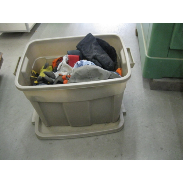 BIN OF MISC. HATS, GLOVES, REFLECTIVE CLOTHING, ETC.