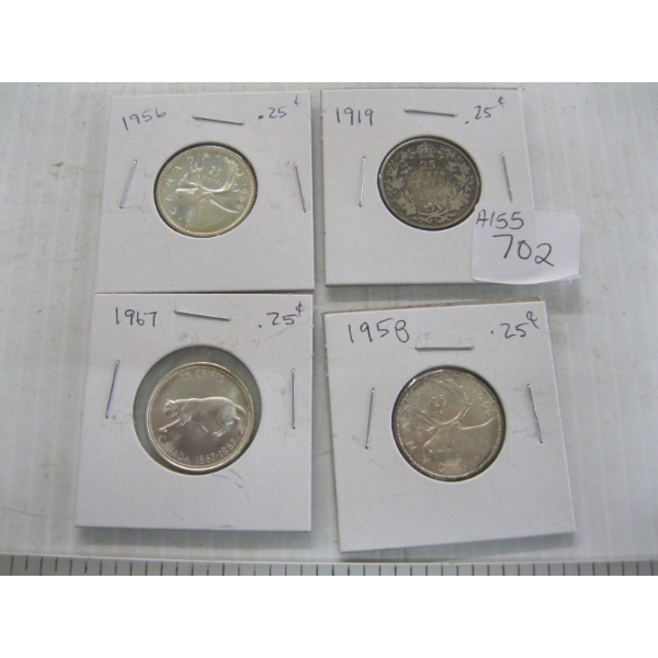 4 CDN SILVER QUARTERS - 1919, 1956, 1958, 1967