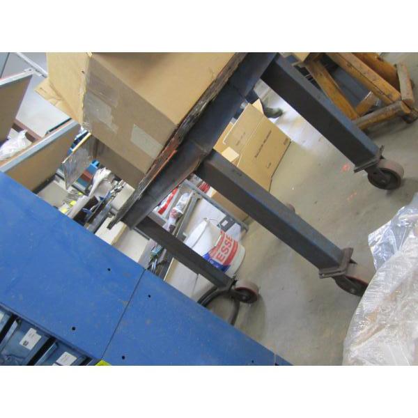 HEAVY STEEL WOOD TOP WORK TABLE ON CASTORS