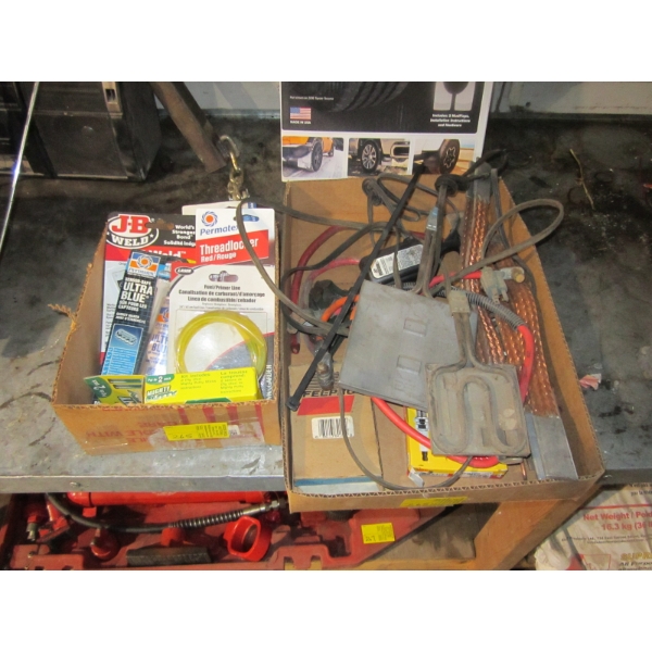 2 BOXES OF MISC. - BLOCK HEATERS, JB WELD SPARKPLUGS, ETC.