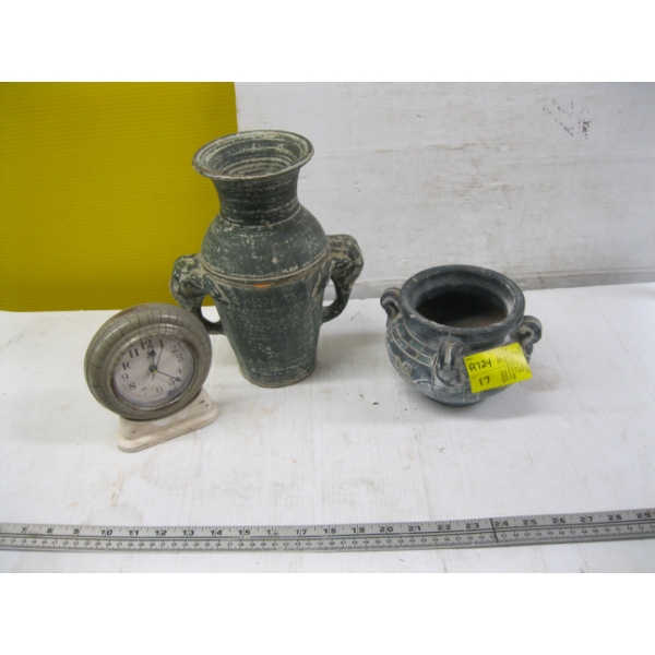 CLOCK & 2 DECORATIVE POTTERY ITEMS