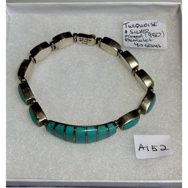 TURQUOISE & SILVER STAMPED (950) SILVER BRACELET, 40G