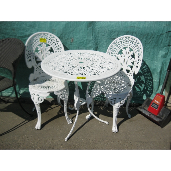 WHITE METAL BISTRO TABLE W/2 CHAIRS