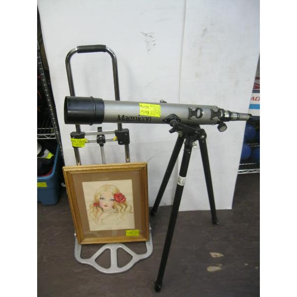FOLDING HAND TRUCK, TELESCOPE & A FRAMED PICTURE OF YOUNG GIRL