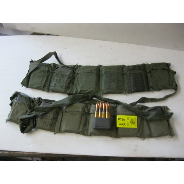 2 VINTAGE MILITARY 30 CALIBER AMMO BELTS - CAL 30 BALL M2 - 8 ROUND FULL CLIPS