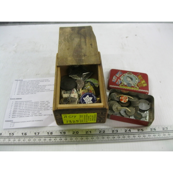 UNIQUE WOODEN BOX W/ASST. PINS, SCHOOL RIBBONS, ETC. FROM 1930s, 1940s