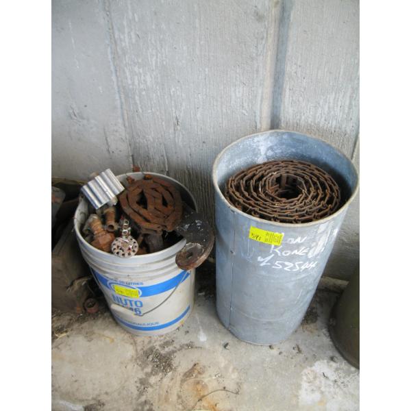 GALVANIZED CAN OF METAL DRIVE CHAIN & BUCKET OF MISC. VALVES, CHAIN, ETC.